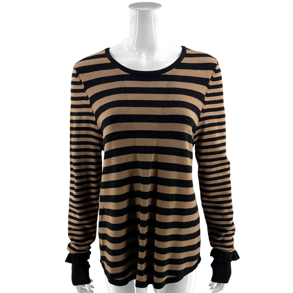 Cabi Womens Earn Your Stripes Sweater Size XL Tan Black Striped Ruffle Thumbhole